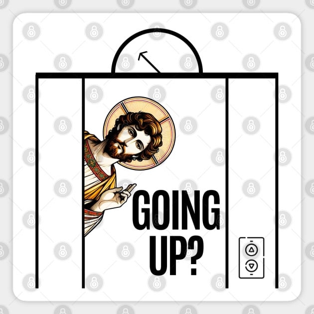 Jesus in Elevator Meme, Going Up? funny design Christ rising risen rizzen up to eternal life, are you joining with Him? Magnet by Luxinda